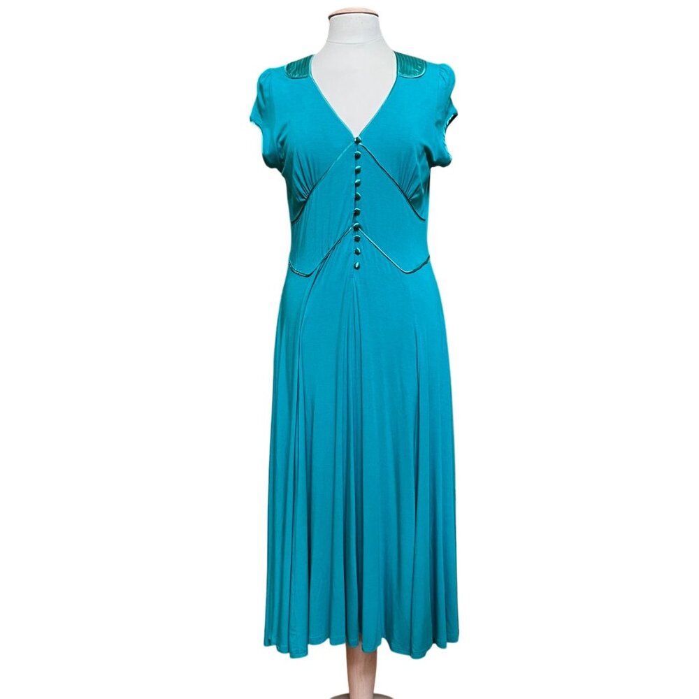 Bloomingdales Teal Midi Dress Pin Up Baby Doll 40s Satin Accent Vtg‎ Inspired PL